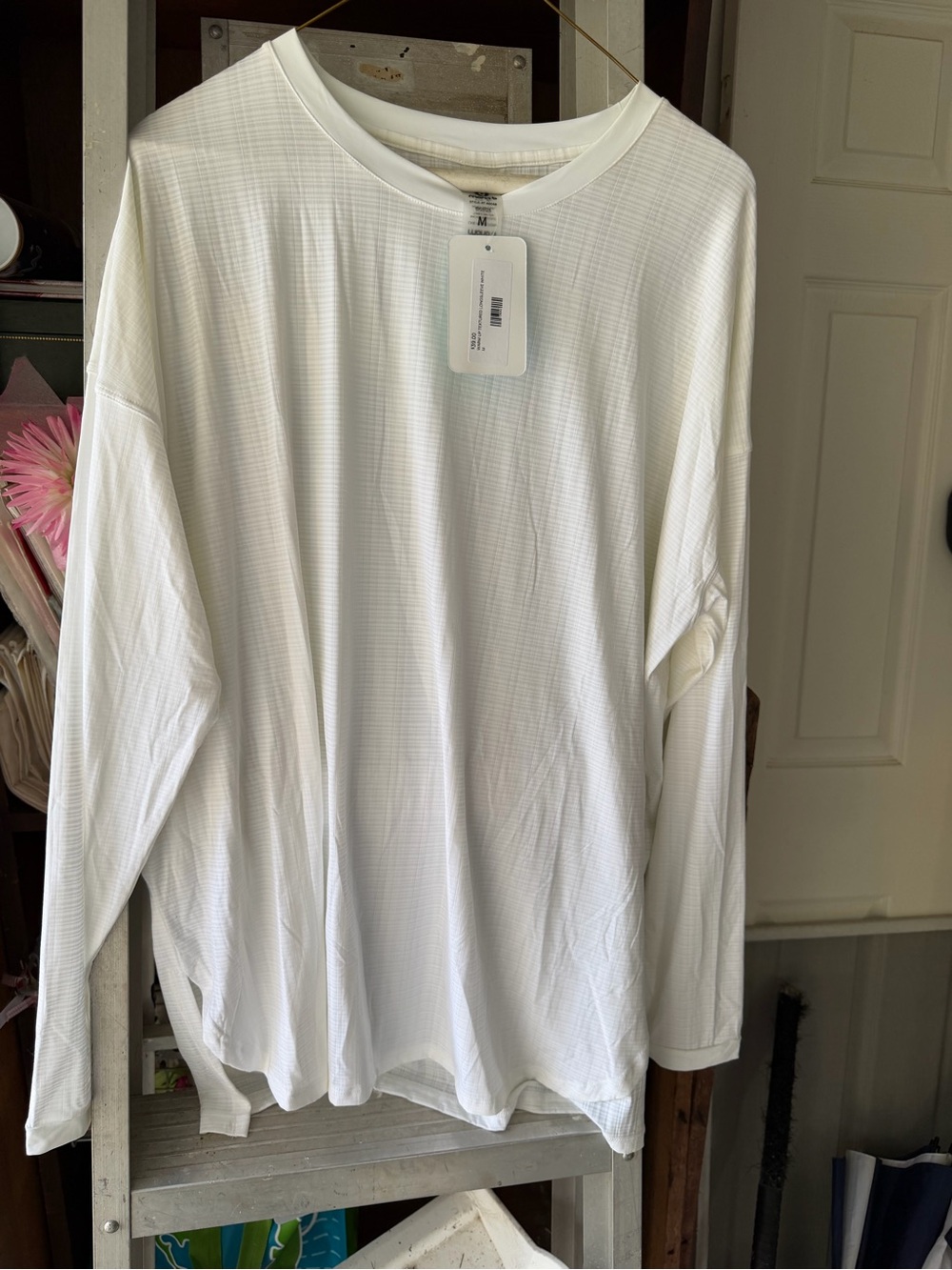 Mona B Textured White Long Sleeve Crewneck Top